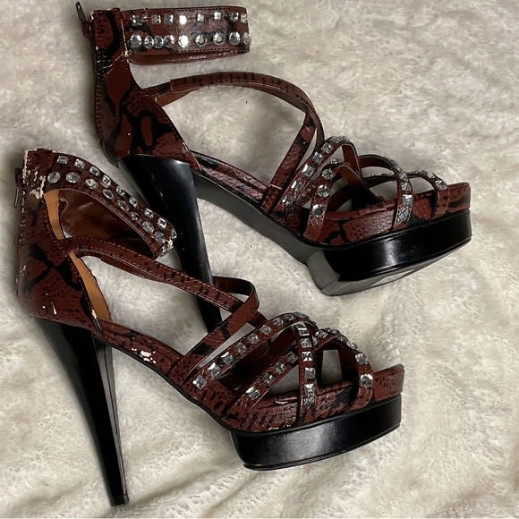 Brown, strappy, platform heels, bedazzled in lots of fun gems and jewels!! - Picture 3 of 9